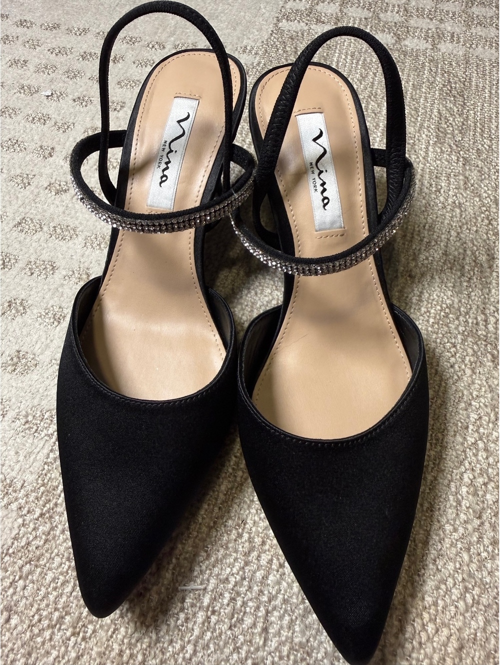 Nina‎ New York Black Satin Slingback Heels with Rhinestone Strap